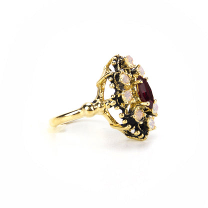 Vintage Marquise Cut Ruby Austrian Crystal Cocktail Ring with Pinfire Opals - 18k Gold Electroplated jewelry image 1