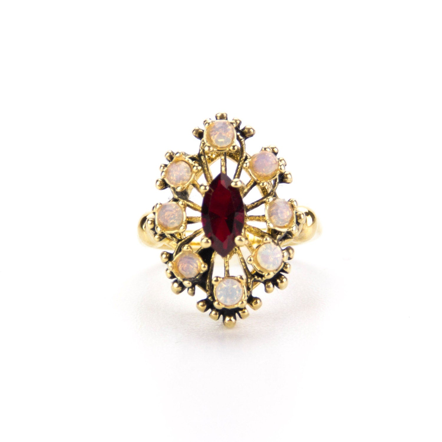 Vintage Marquise Cut Ruby Austrian Crystal Cocktail Ring with Pinfire Opals - 18k Gold Electroplated jewelry image 1