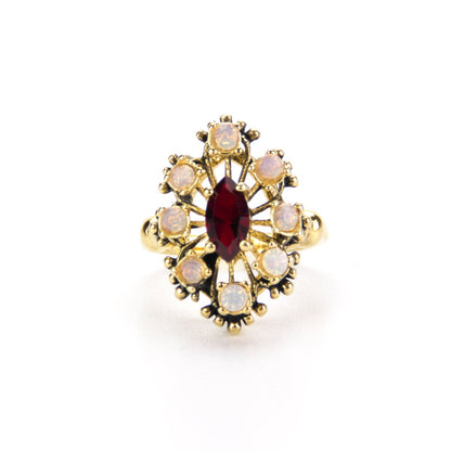 Vintage Marquise Cut Ruby Austrian Crystal Cocktail Ring with Pinfire Opals - 18k Gold Electroplated jewelry image 1
