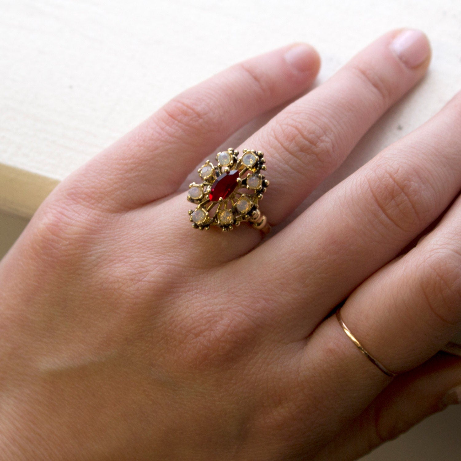 Vintage Marquise Cut Ruby Austrian Crystal Cocktail Ring with Pinfire Opals - 18k Gold Electroplated jewelry image 1