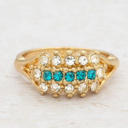Vintage Austrian Crystal Cocktail Ring – 18k Gold Electroplated – Zircon Blue & Clear Crystals jewelry image 1
