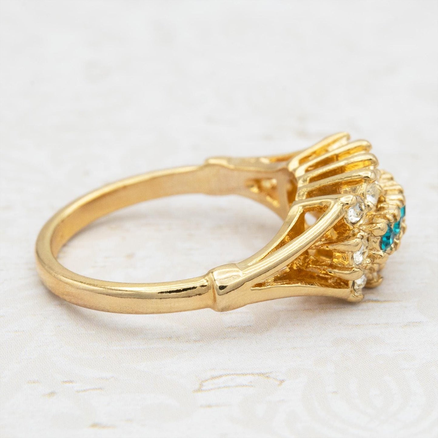 Vintage Austrian Crystal Cocktail Ring – 18k Gold Electroplated – Zircon Blue & Clear Crystals jewelry image 1