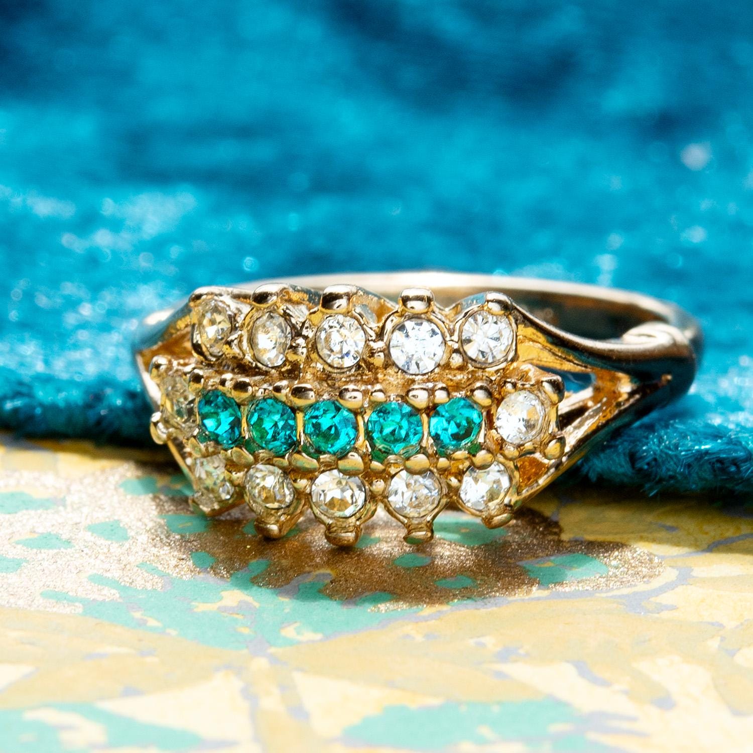 Vintage Austrian Crystal Cocktail Ring – 18k Gold Electroplated – Zircon Blue & Clear Crystals jewelry image 1