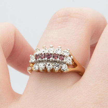 Vintage Austrian Crystal Cocktail Ring - Amethyst & Clear Crystals - 18k Gold Electroplated jewelry image 1