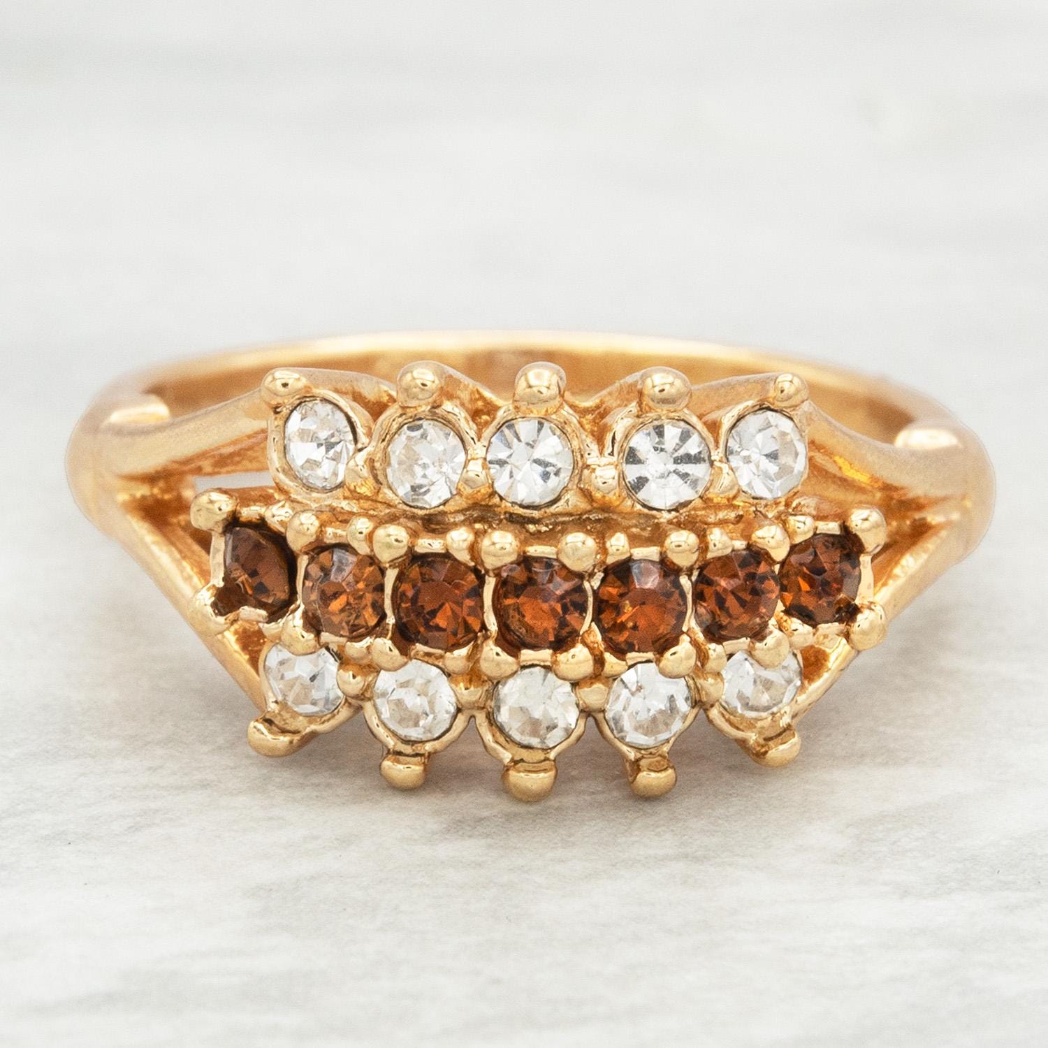Vintage Austrian Crystal Cocktail Ring - Smoke Topaz - 18k Gold Electroplated jewelry image 1