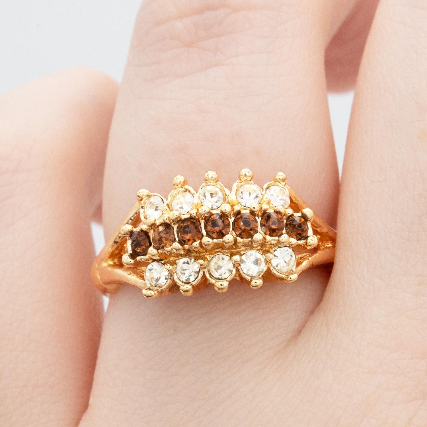 Vintage Austrian Crystal Cocktail Ring - Smoke Topaz - 18k Gold Electroplated jewelry image 1