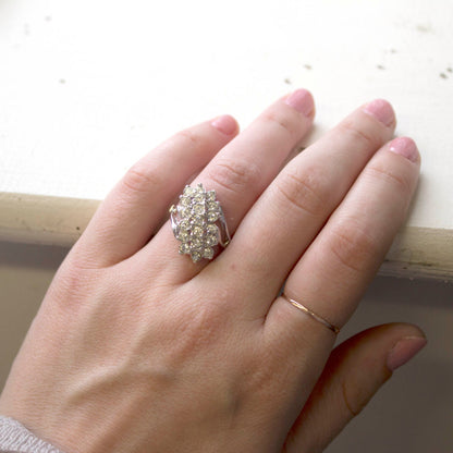 Vintage 1980s Clear Crystal Cocktail Cluster Ring - 18kt White Gold Electroplated - Made in USA jewelry image 1