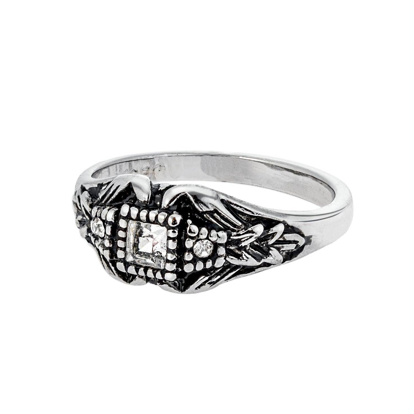 Vintage Edwardian Style Filigree Ring with Clear Austrian Crystals – Antiqued 18k White Gold Electroplated jewelry image 1