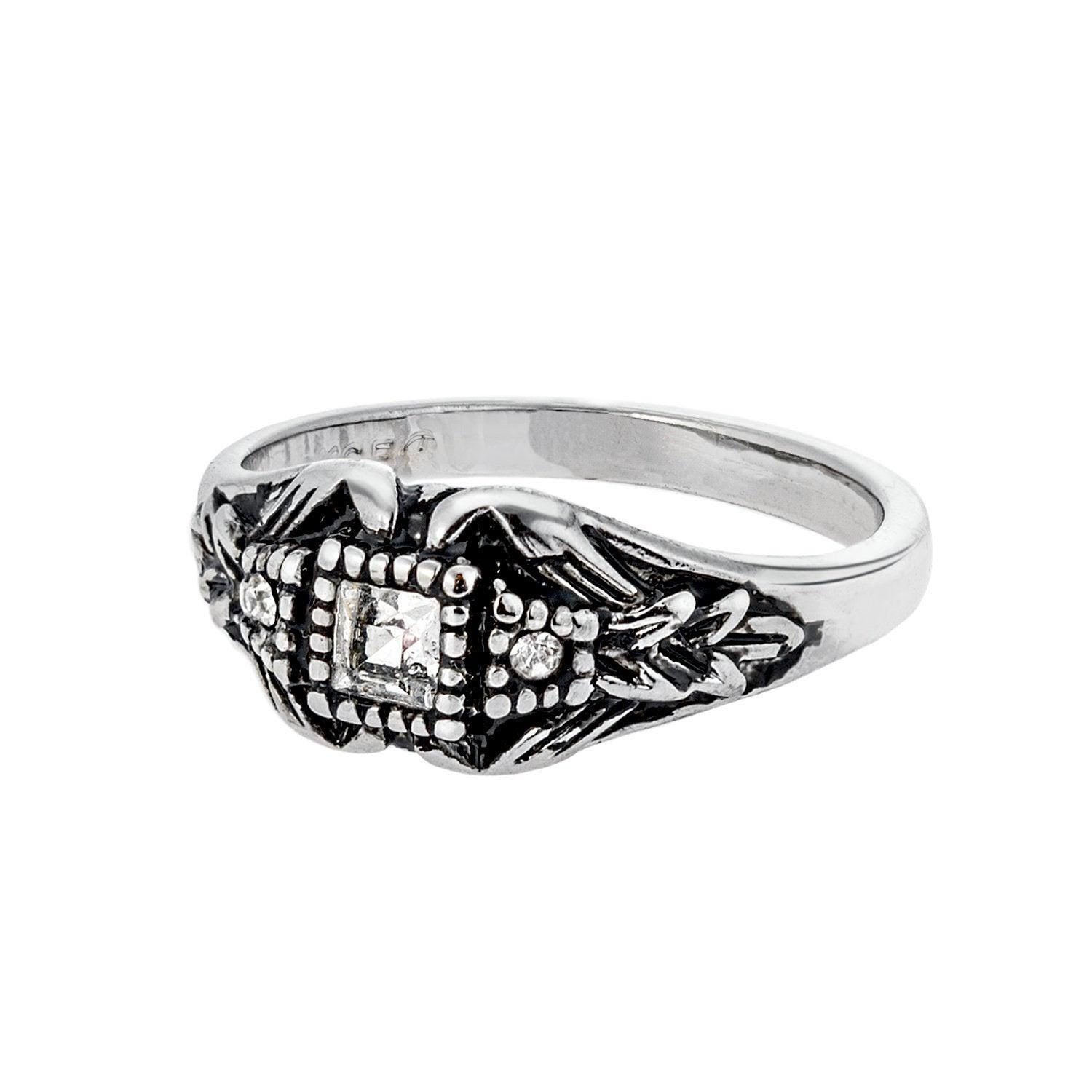 Vintage Edwardian Style Filigree Ring with Clear Austrian Crystals – Antiqued 18k White Gold Electroplated jewelry image 1