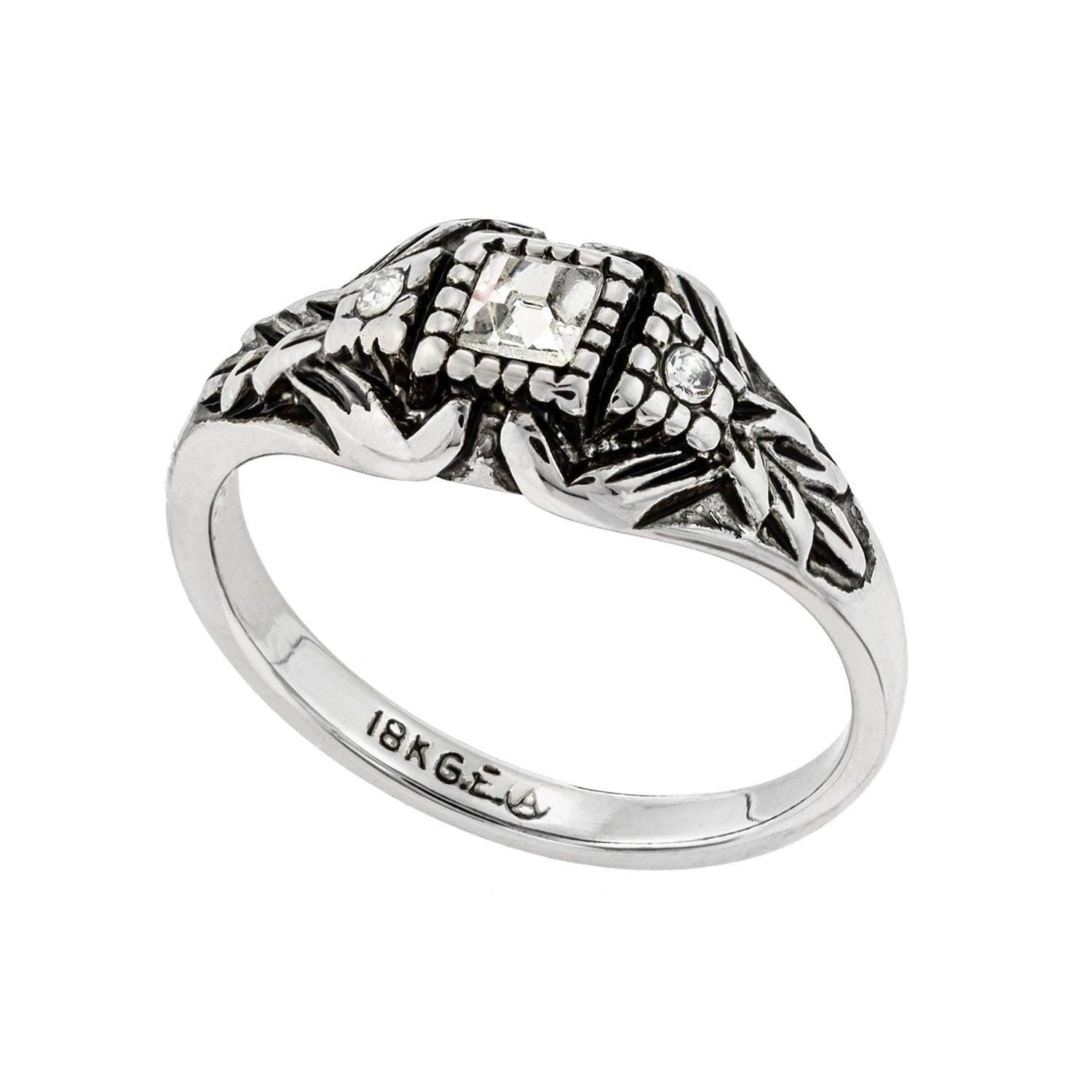 Vintage Edwardian Style Filigree Ring with Clear Austrian Crystals – Antiqued 18k White Gold Electroplated jewelry image 1
