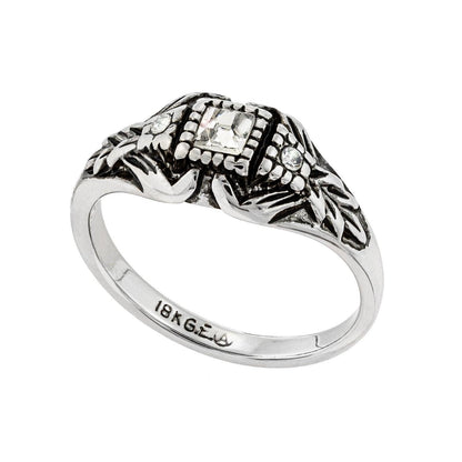 Vintage Edwardian Style Filigree Ring with Clear Austrian Crystals – Antiqued 18k White Gold Electroplated jewelry image 1