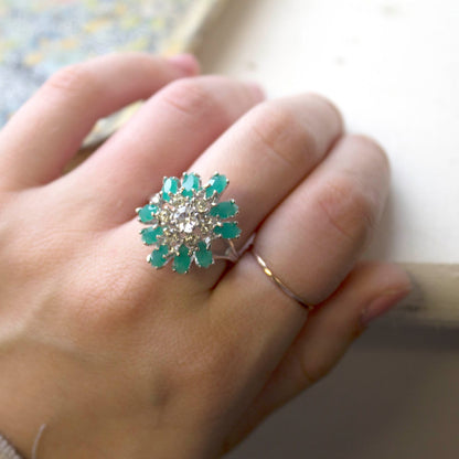 Vintage 1970s Chrysoprase and Clear Austrian Crystal Cluster Ring - 18k White Gold Electroplated jewelry image 1