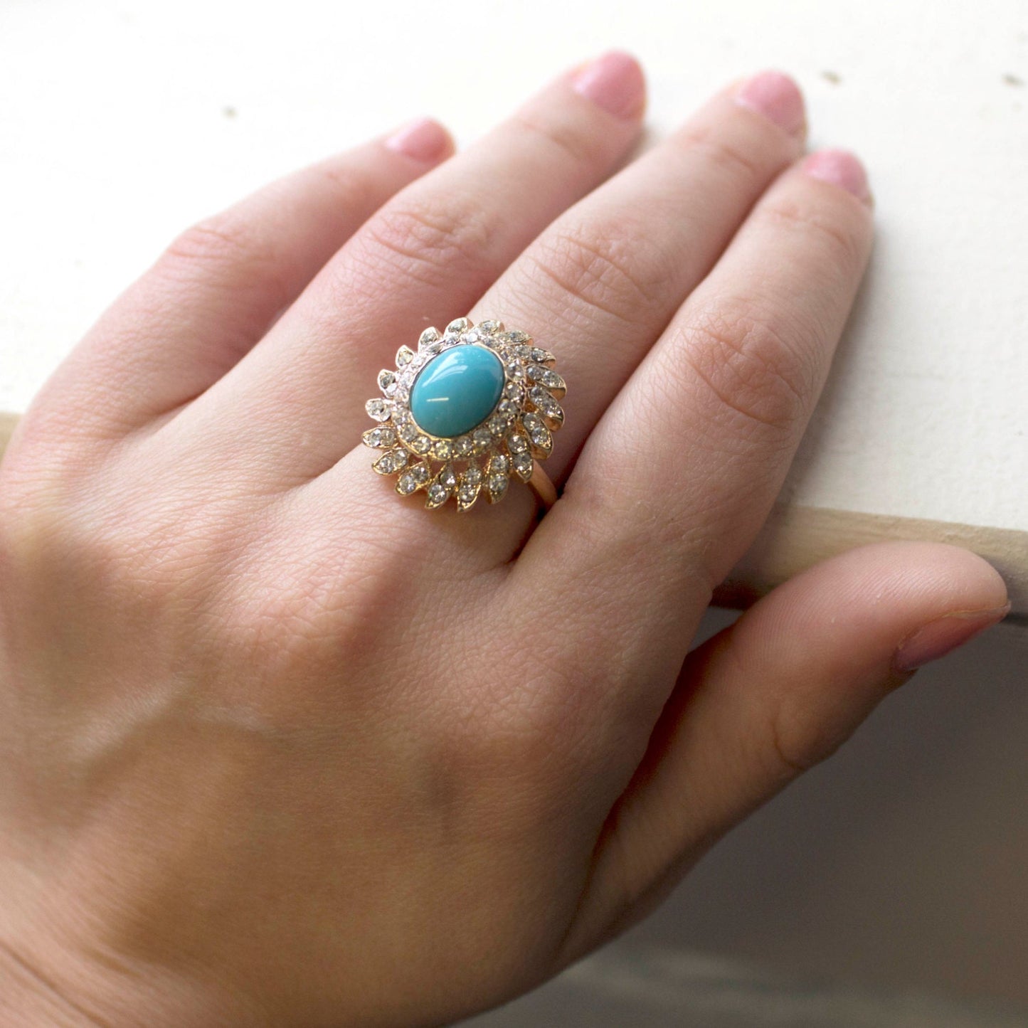 Vintage Imitation Turquoise and Clear Austrian Crystal 18k Gold Electroplated Cocktail Ring jewelry image 1