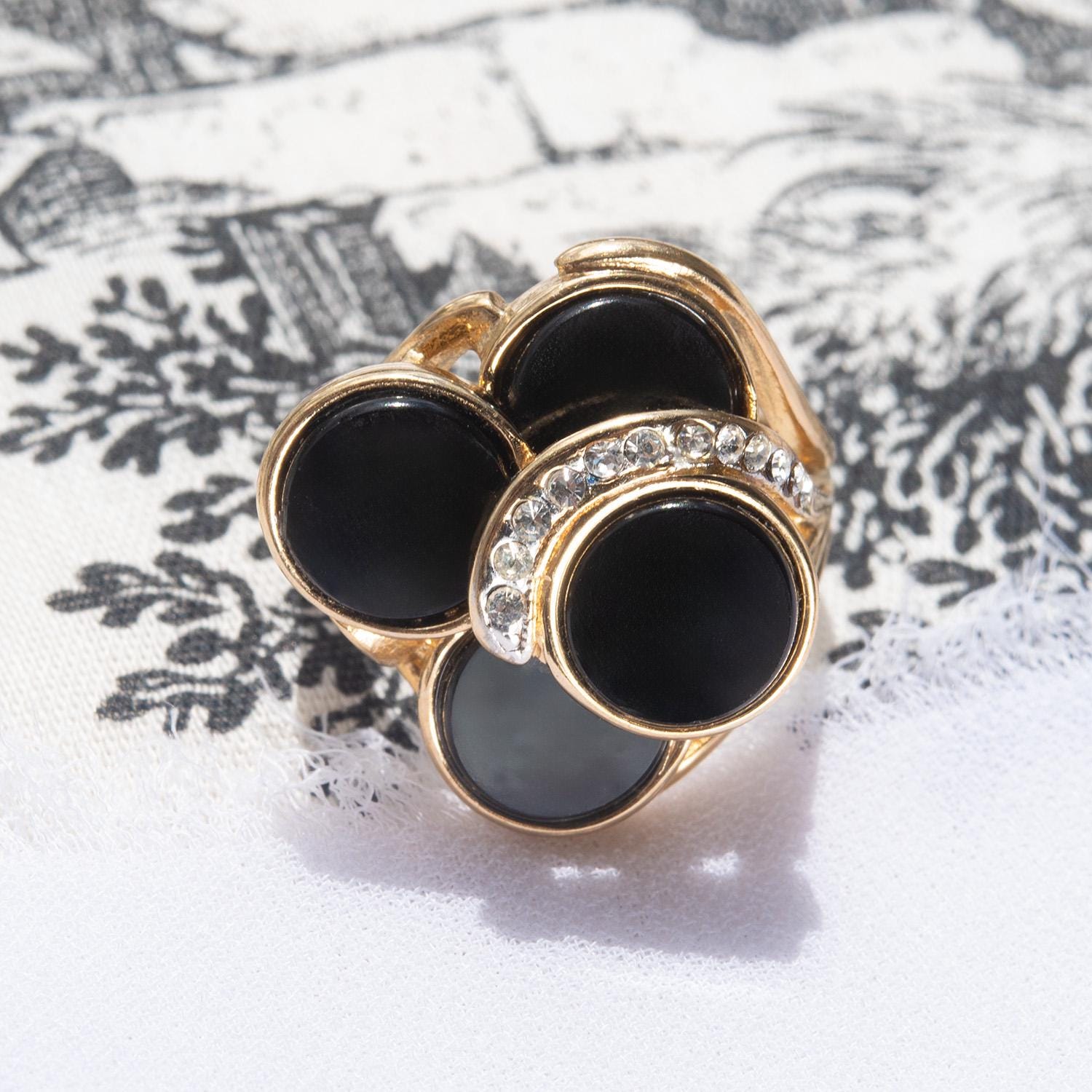 Vintage Genuine Black Onyx Cocktail Ring with Austrian Crystals - 18k Yellow Gold Electroplated jewelry image 1