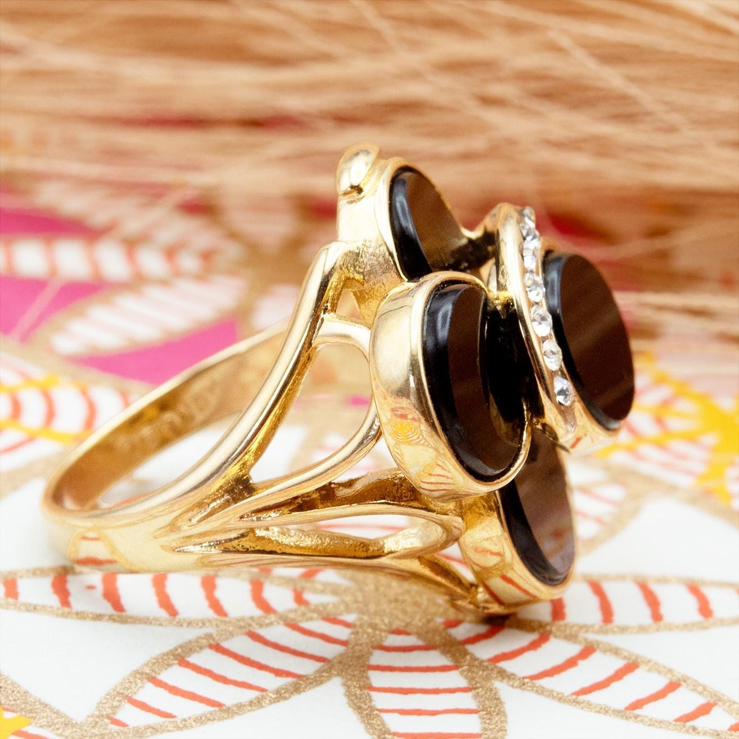 Vintage Genuine Black Onyx Cocktail Ring with Austrian Crystals - 18k Yellow Gold Electroplated jewelry image 1