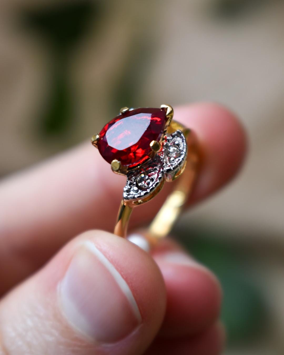 Vintage 1980s Pear Cut Ruby Crystal Ring with Austrian Crystal Accents – 18k Gold Electroplated jewelry image 1