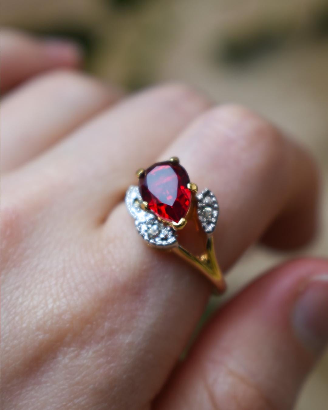 Vintage 1980s Pear Cut Ruby Crystal Ring with Austrian Crystal Accents – 18k Gold Electroplated jewelry image 1