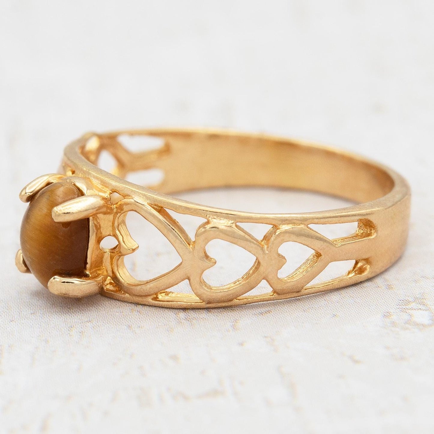 Vintage 18k Gold Electroplated Heart Cutout Band Ring with Genuine Tiger Eye jewelry image 1