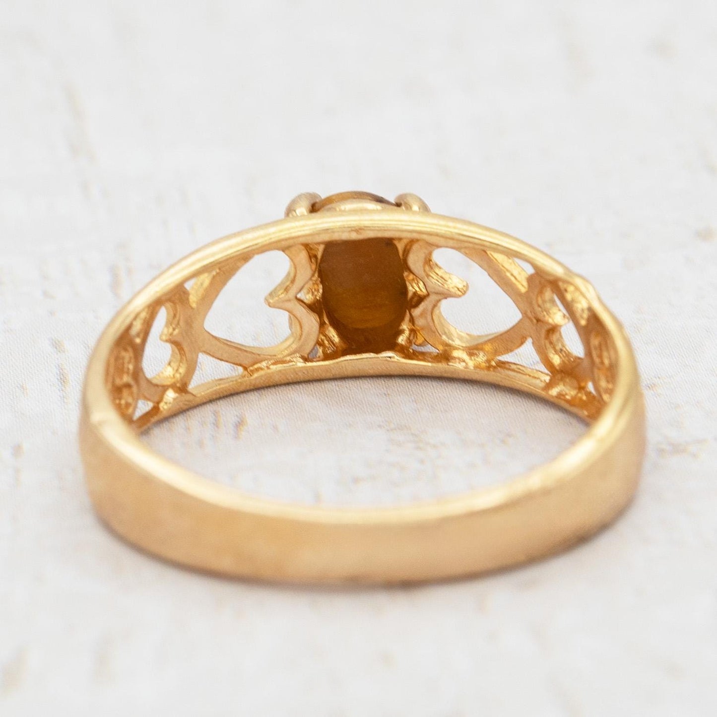Vintage 18k Gold Electroplated Heart Cutout Band Ring with Genuine Tiger Eye jewelry image 1