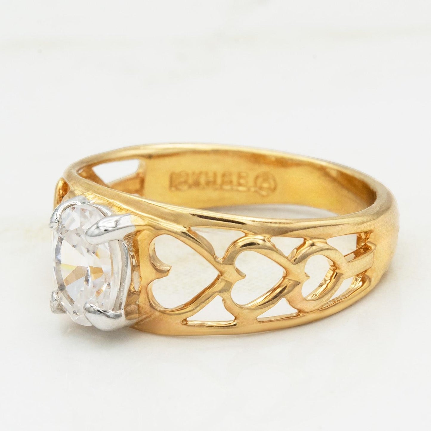 Vintage 18k Gold Electroplated Heart Cutout Band Ring with Oval Cubic Zirconia – Made in Providence, RI jewelry image 1