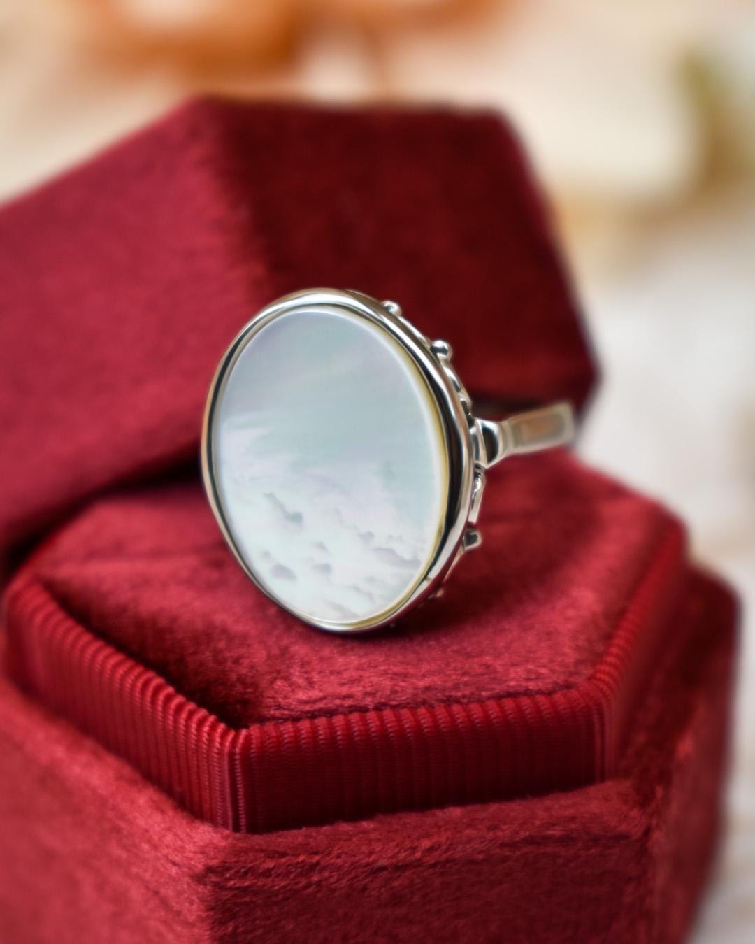 Vintage Mother of Pearl 18kt White Gold Electroplated Cocktail Ring - Made in USA jewelry image 1