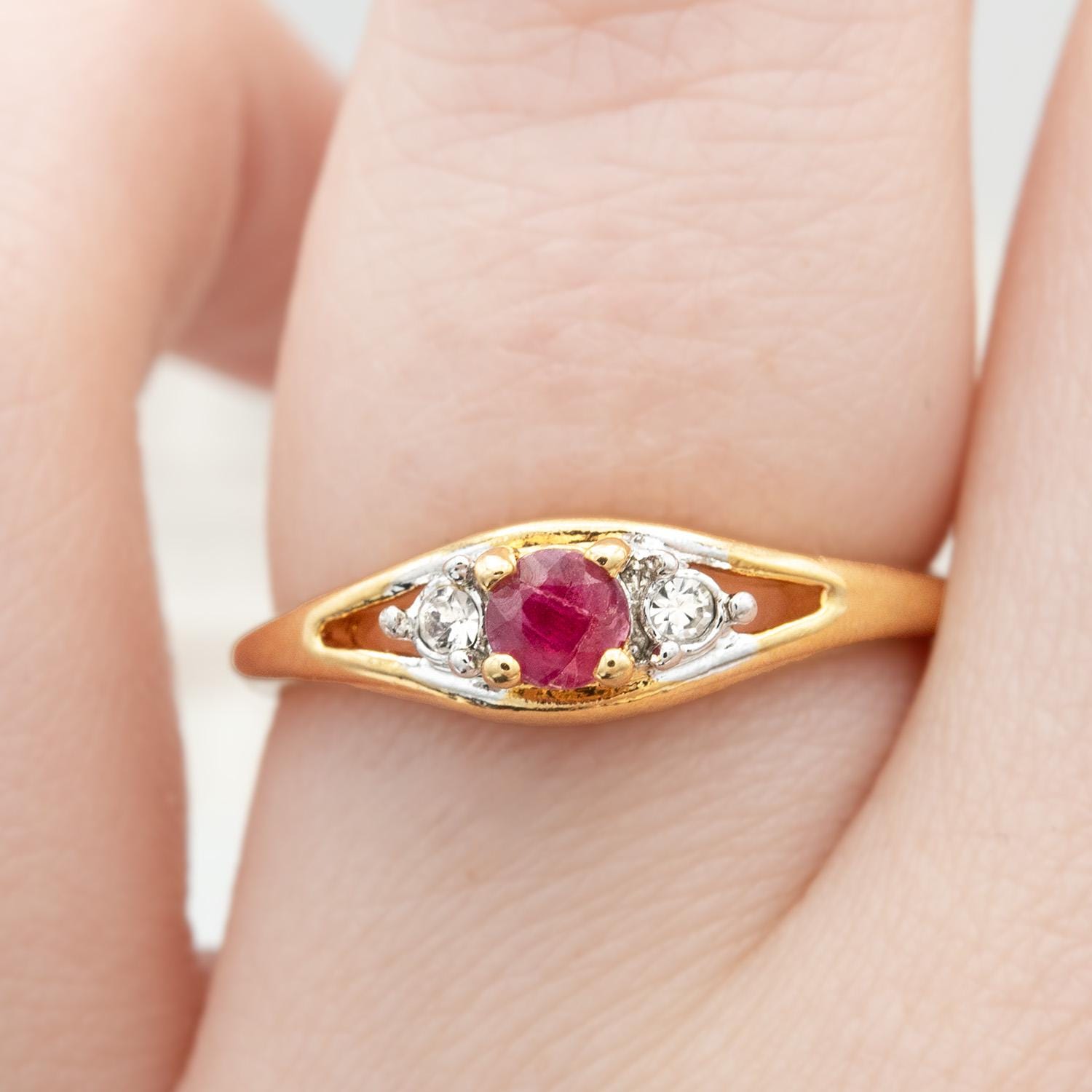 Vintage Genuine Ruby Three-Stone Ring - 18k Yellow Gold Electroplated - Made in USA jewelry image 1