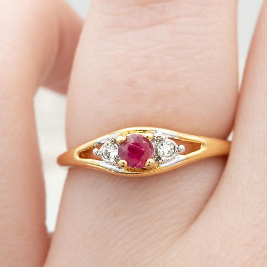 Vintage Genuine Ruby Three-Stone Ring - 18k Yellow Gold Electroplated - Made in USA jewelry image 1
