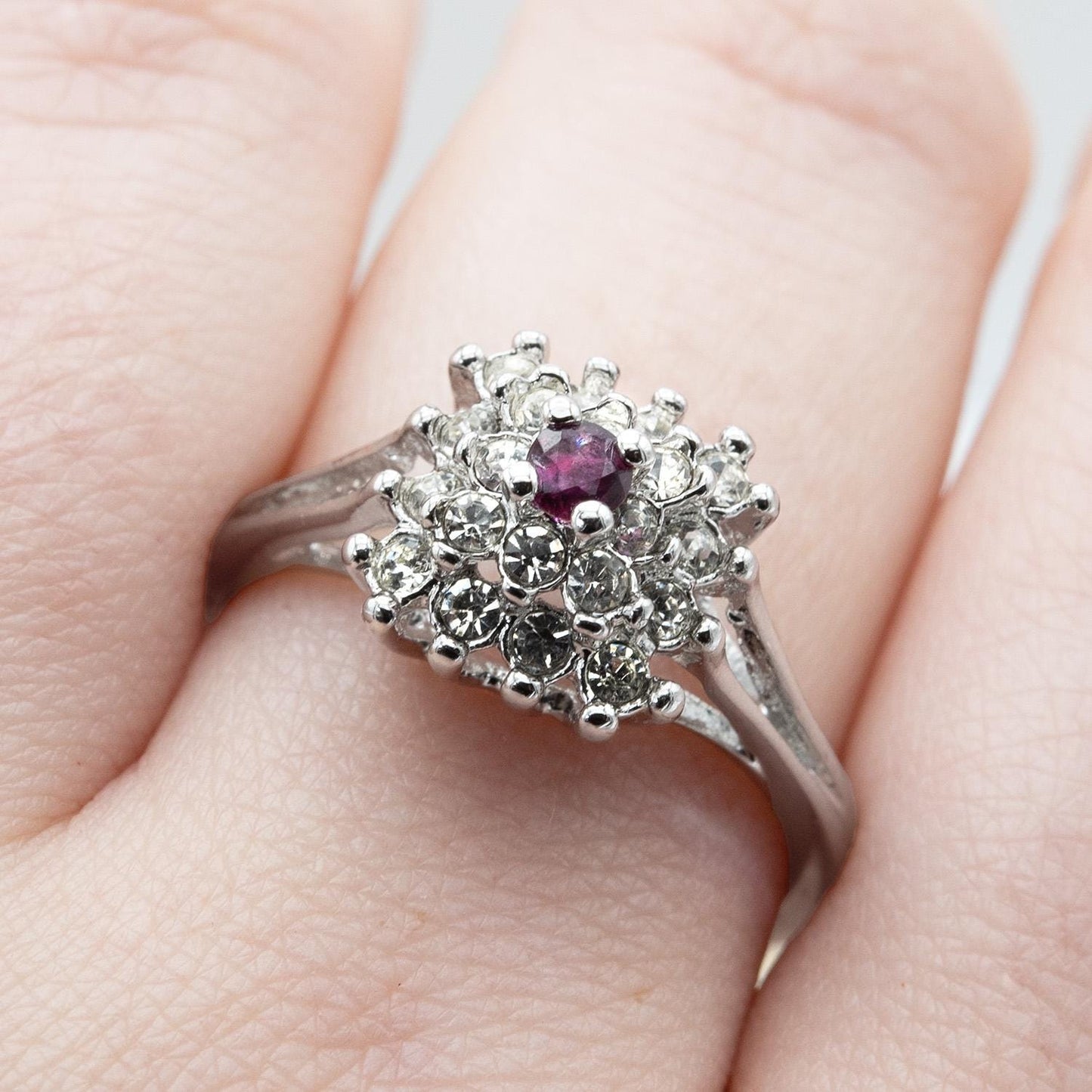 Vintage Austrian Crystal Burst Ring with Ruby Center Stone – 18kt White Gold Electroplated – Made in USA jewelry image 1