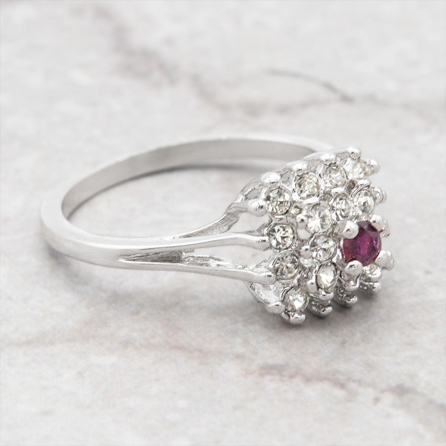Vintage Austrian Crystal Burst Ring with Ruby Center Stone – 18kt White Gold Electroplated – Made in USA jewelry image 1