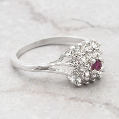 Vintage Austrian Crystal Burst Ring with Ruby Center Stone – 18kt White Gold Electroplated – Made in USA jewelry image 1