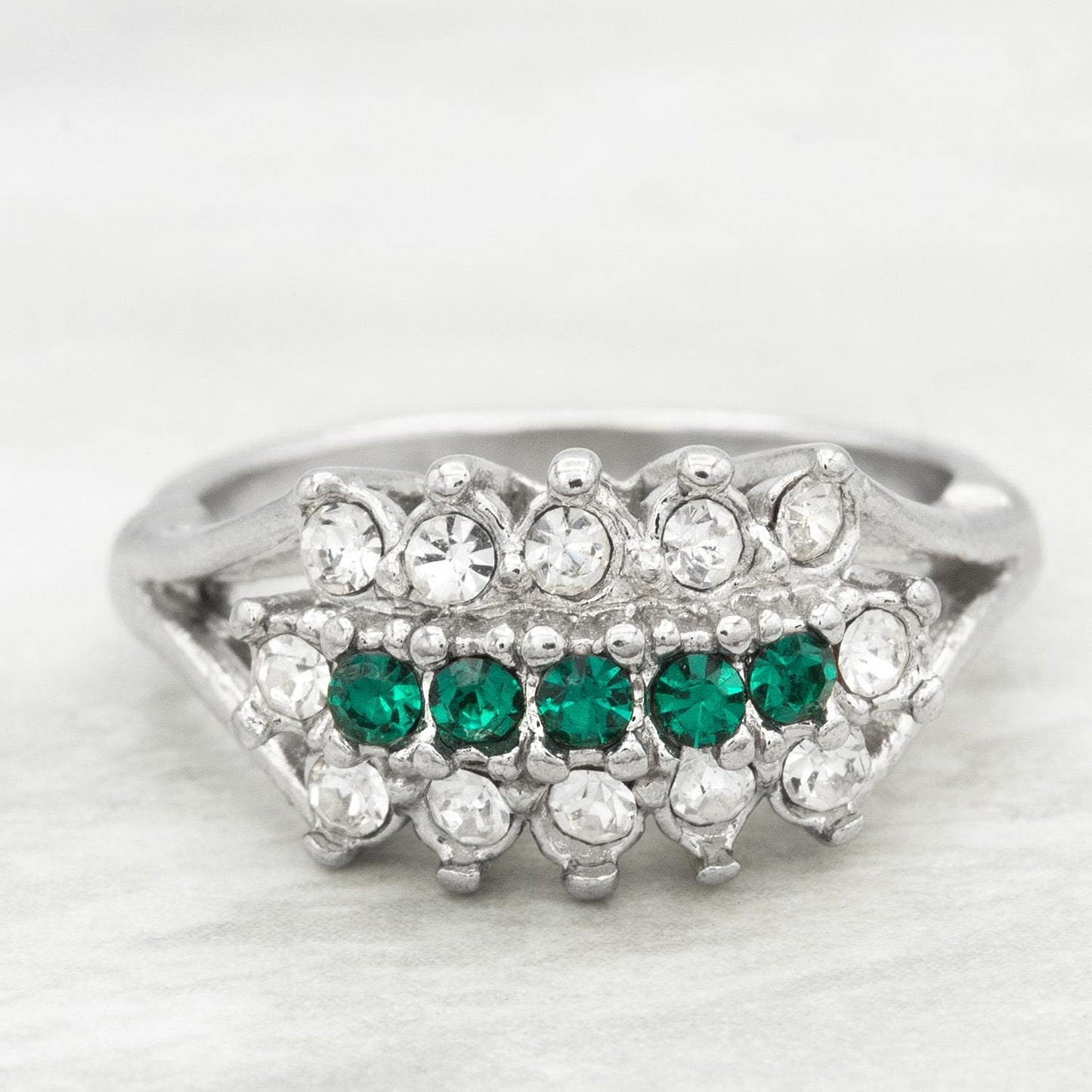 Vintage Austrian Crystal Cocktail Ring - Emerald Green & Clear Crystals - 18k White Gold Electroplated jewelry image 1