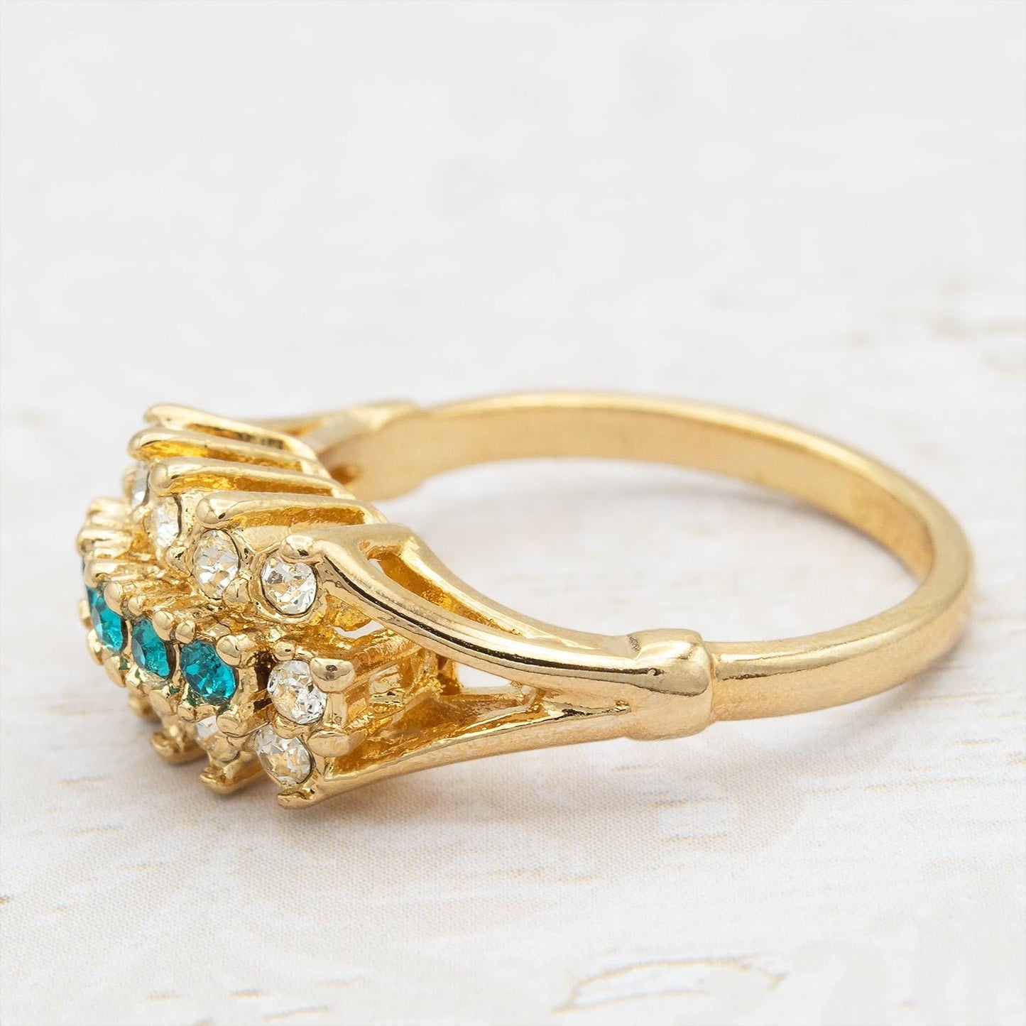 Vintage Austrian Crystal Cocktail Ring – 18k Gold Electroplated – Zircon Blue & Clear Crystals jewelry image 1