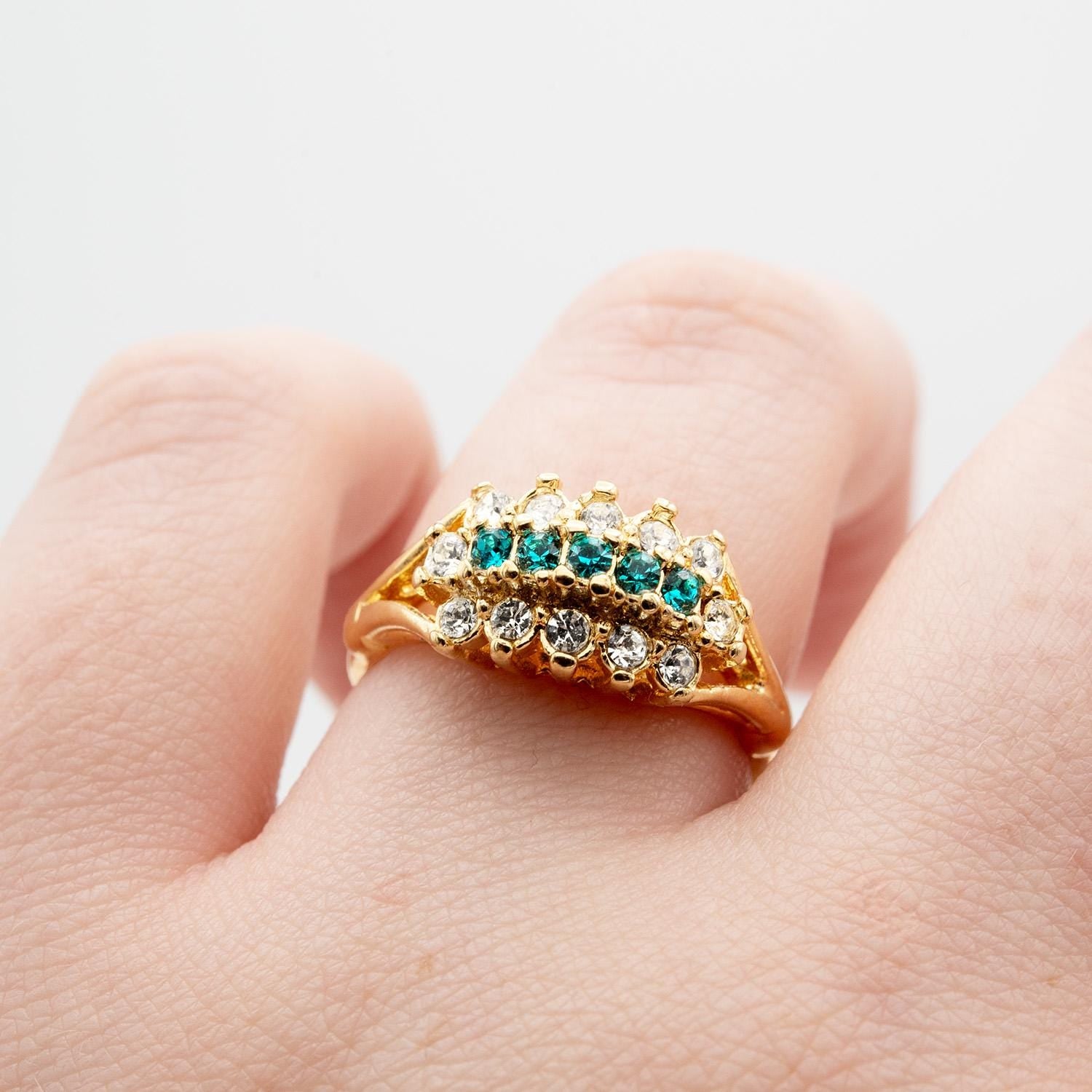 Vintage Austrian Crystal Cocktail Ring – 18k Gold Electroplated – Zircon Blue & Clear Crystals jewelry image 1