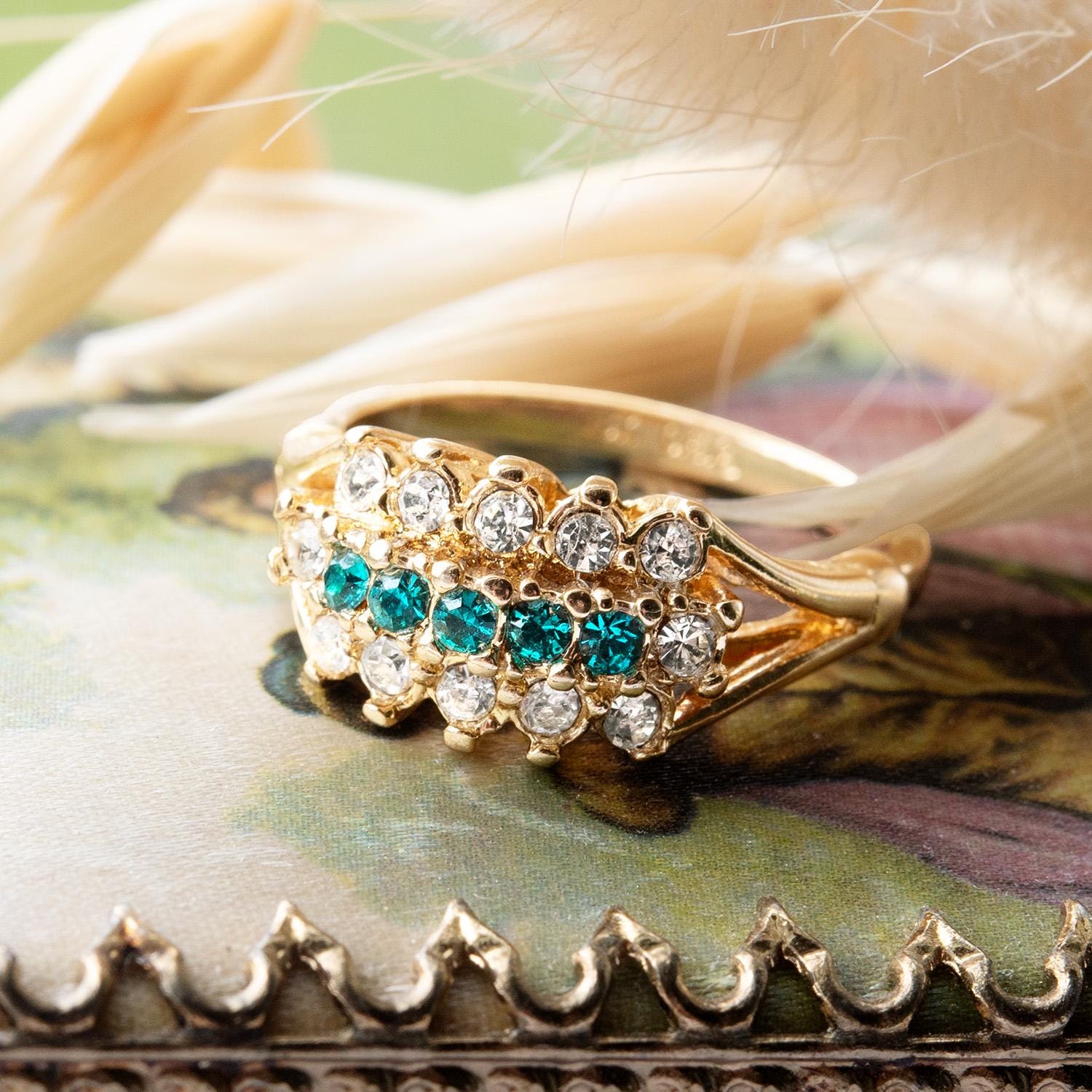 Vintage Austrian Crystal Cocktail Ring – 18k Gold Electroplated – Zircon Blue & Clear Crystals jewelry image 1