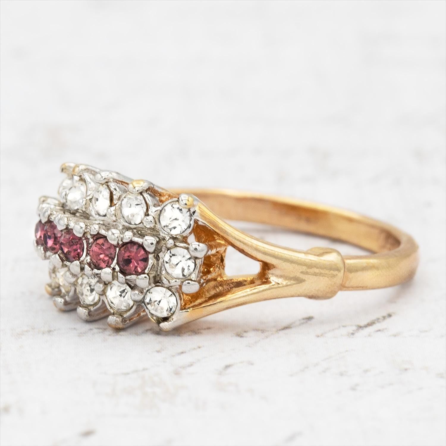Vintage Austrian Crystal Cocktail Ring - Amethyst & Clear Crystals - 18k Gold Electroplated jewelry image 1