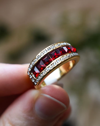 Vintage 1970s Ruby Red Austrian Crystal Band Ring - 18k Gold Electroplated jewelry image 1