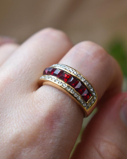 Vintage 1970s Ruby Red Austrian Crystal Band Ring - 18k Gold Electroplated jewelry image 1