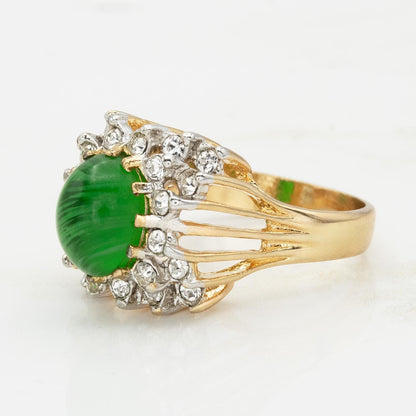Vintage Emerald Green Crystal Cabochon & Clear Austrian Crystal Ring – 18kt Yellow Gold Electroplate jewelry image 1