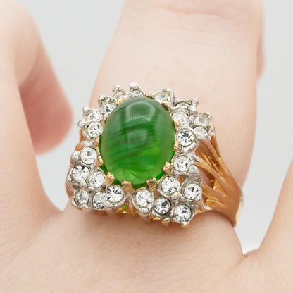 Vintage Emerald Green Crystal Cabochon & Clear Austrian Crystal Ring – 18kt Yellow Gold Electroplate jewelry image 1