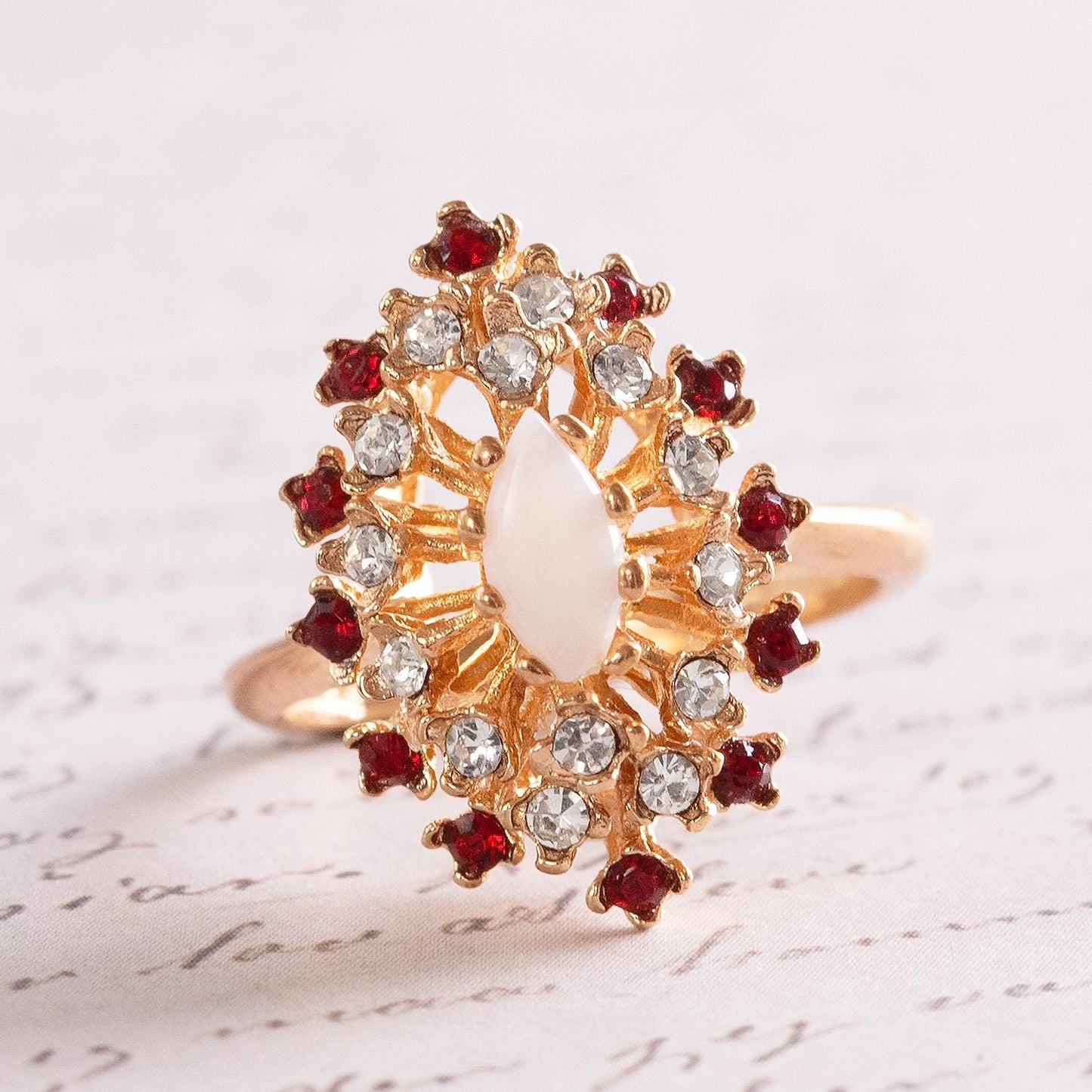 Vintage Genuine Opal Cocktail Ring with Ruby and Clear Austrian Crystals – 18kt Yellow Gold Electroplated jewelry image 1