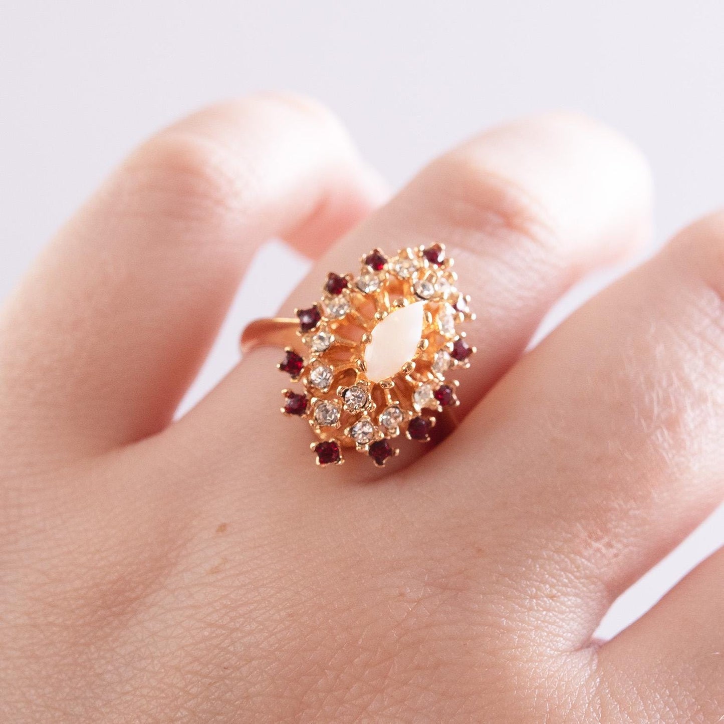 Vintage Genuine Opal Cocktail Ring with Ruby and Clear Austrian Crystals – 18kt Yellow Gold Electroplated jewelry image 1