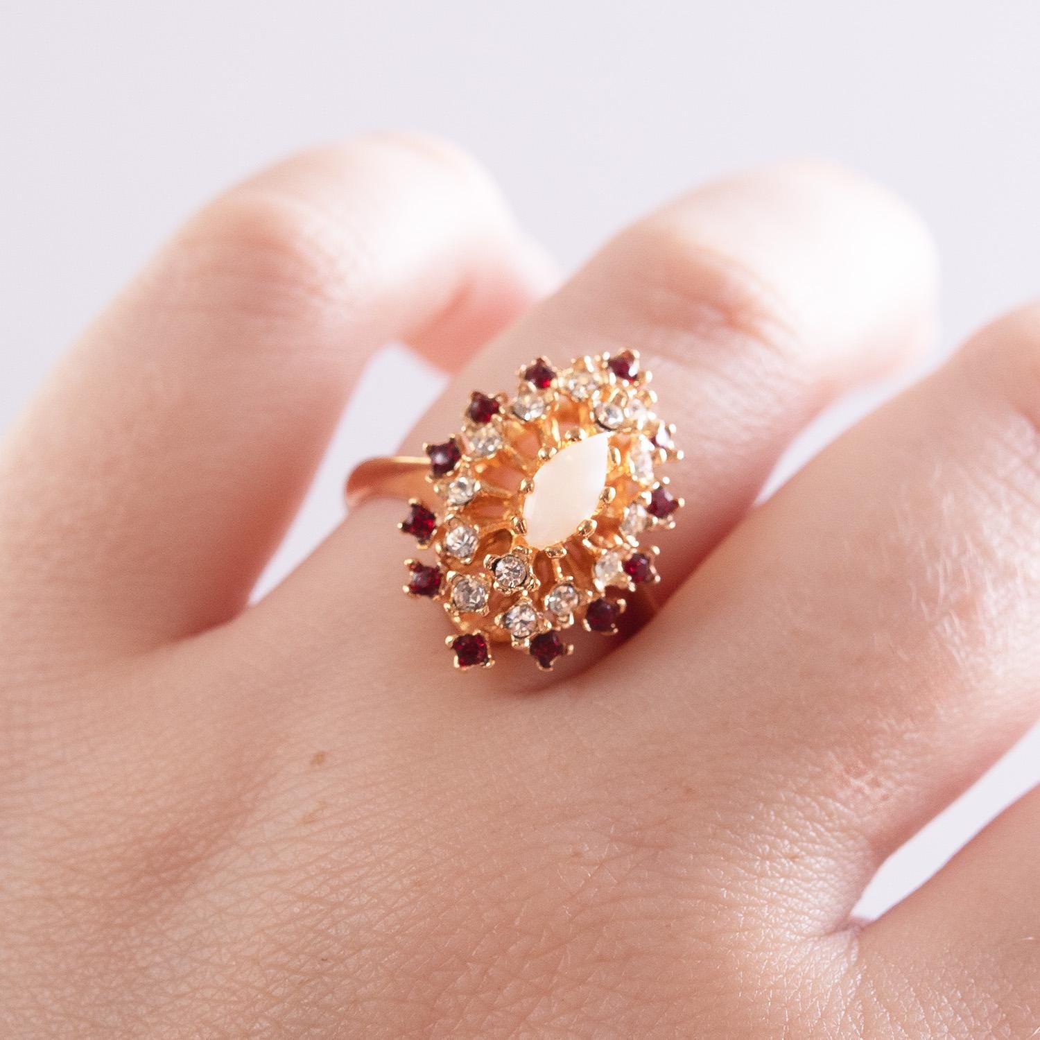 Vintage Genuine Opal Cocktail Ring with Ruby and Clear Austrian Crystals – 18kt Yellow Gold Electroplated jewelry image 1