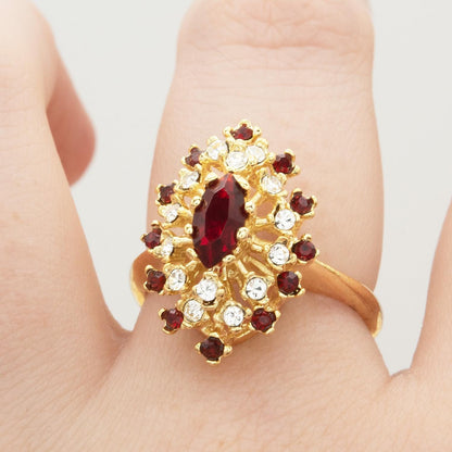 Vintage Genuine Opal and Ruby Austrian Crystal Cocktail Ring - 18kt Yellow Gold Electroplated jewelry image 1