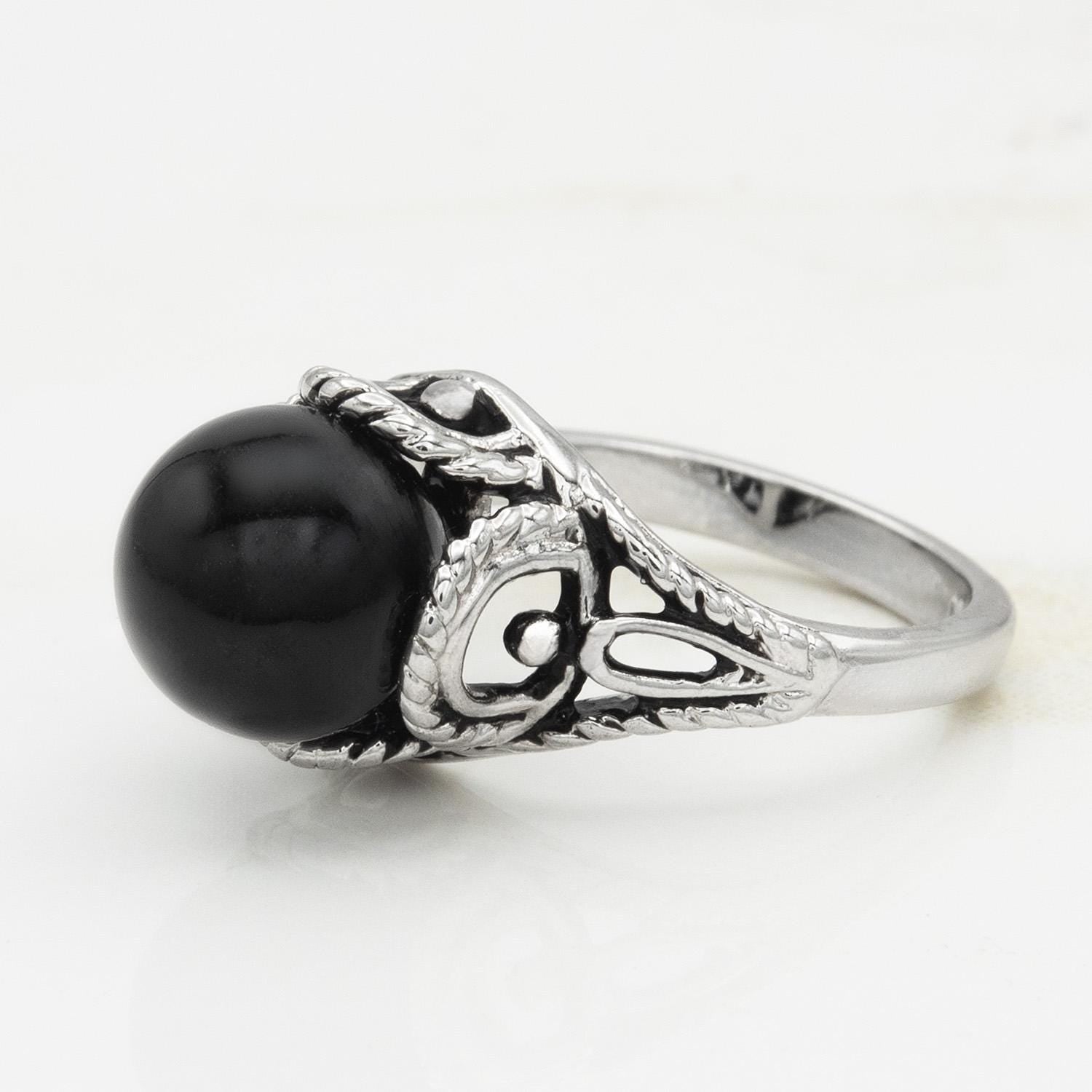 Vintage 1970s Faux Black Pearl Bead Ring – Antiqued 18k White Gold Electroplated Filigree – Made in USA jewelry image 1