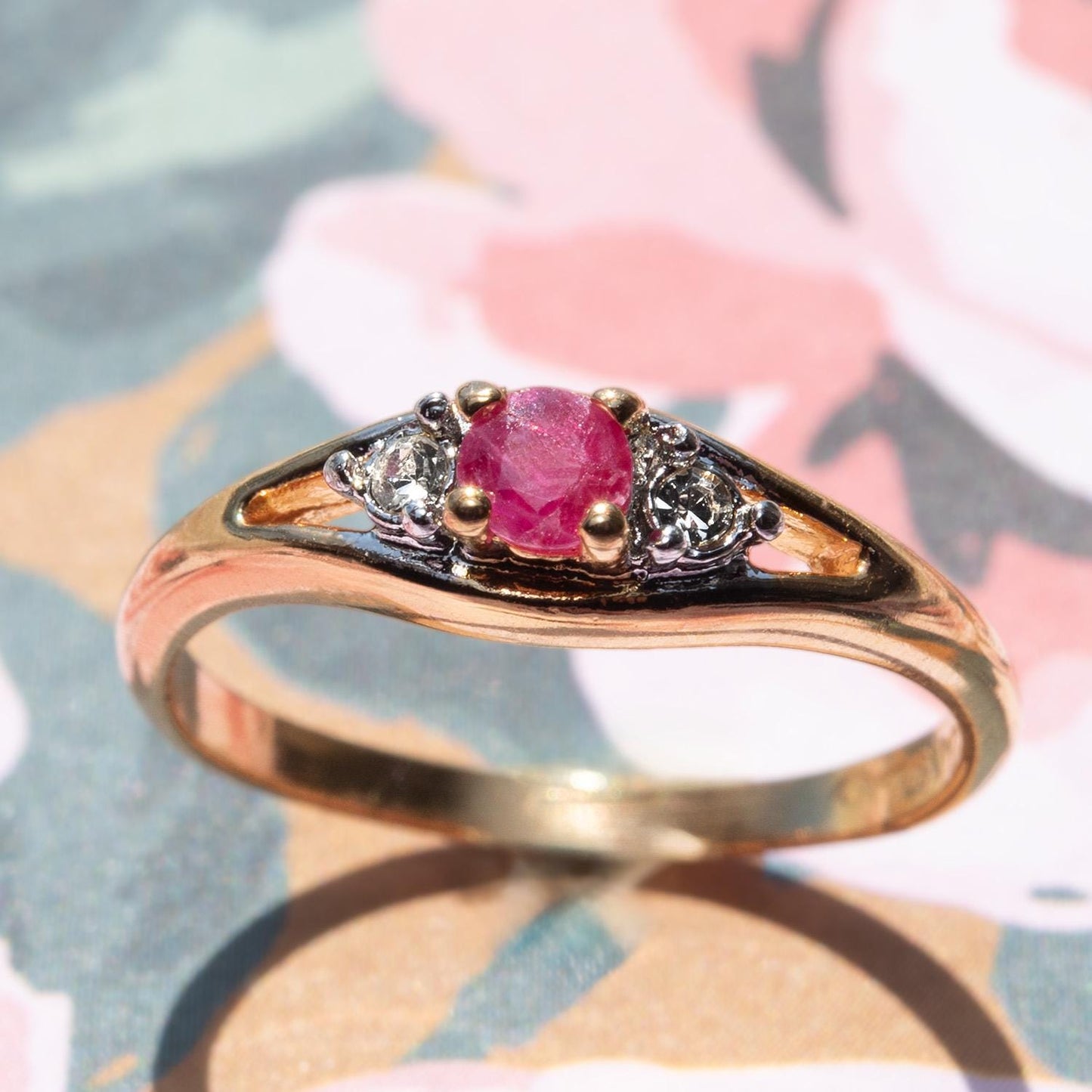 Vintage Genuine Ruby Three-Stone Ring - 18k Yellow Gold Electroplated - Made in USA jewelry image 1