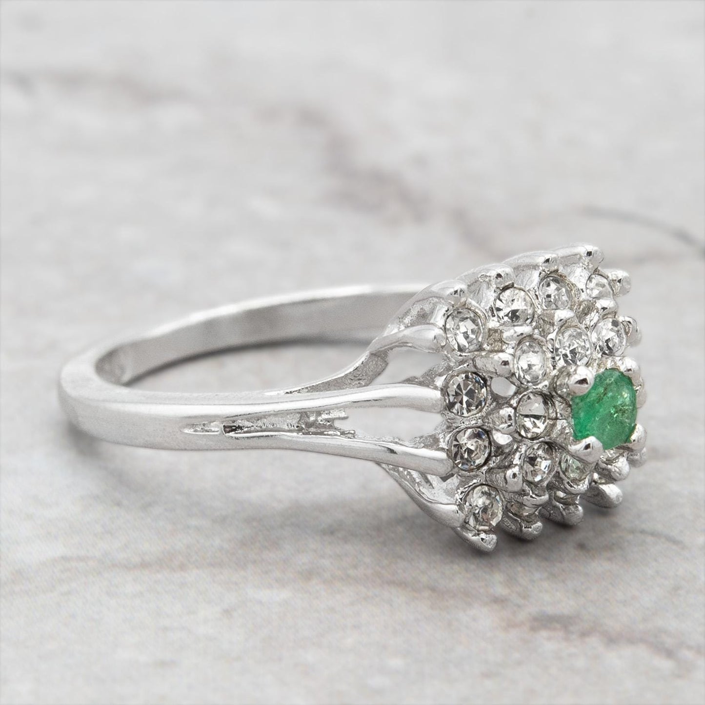 Vintage Emerald & Clear Austrian Crystal Burst Ring - 18kt White Gold Electroplated - Made in USA jewelry image 1