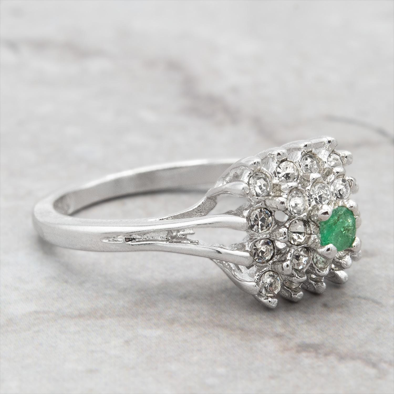 Vintage Emerald & Clear Austrian Crystal Burst Ring - 18kt White Gold Electroplated - Made in USA jewelry image 1