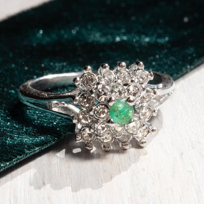 Vintage Emerald & Clear Austrian Crystal Burst Ring - 18kt White Gold Electroplated - Made in USA jewelry image 1