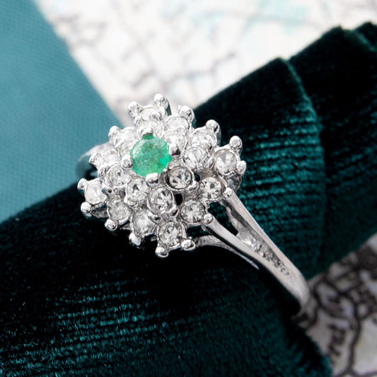 Vintage Emerald & Clear Austrian Crystal Burst Ring - 18kt White Gold Electroplated - Made in USA jewelry image 1