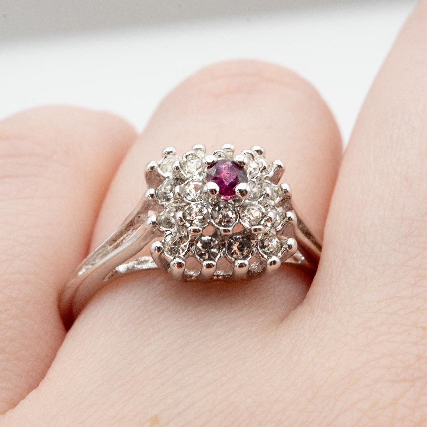 Vintage Austrian Crystal Burst Ring with Ruby Center Stone – 18kt White Gold Electroplated – Made in USA jewelry image 1